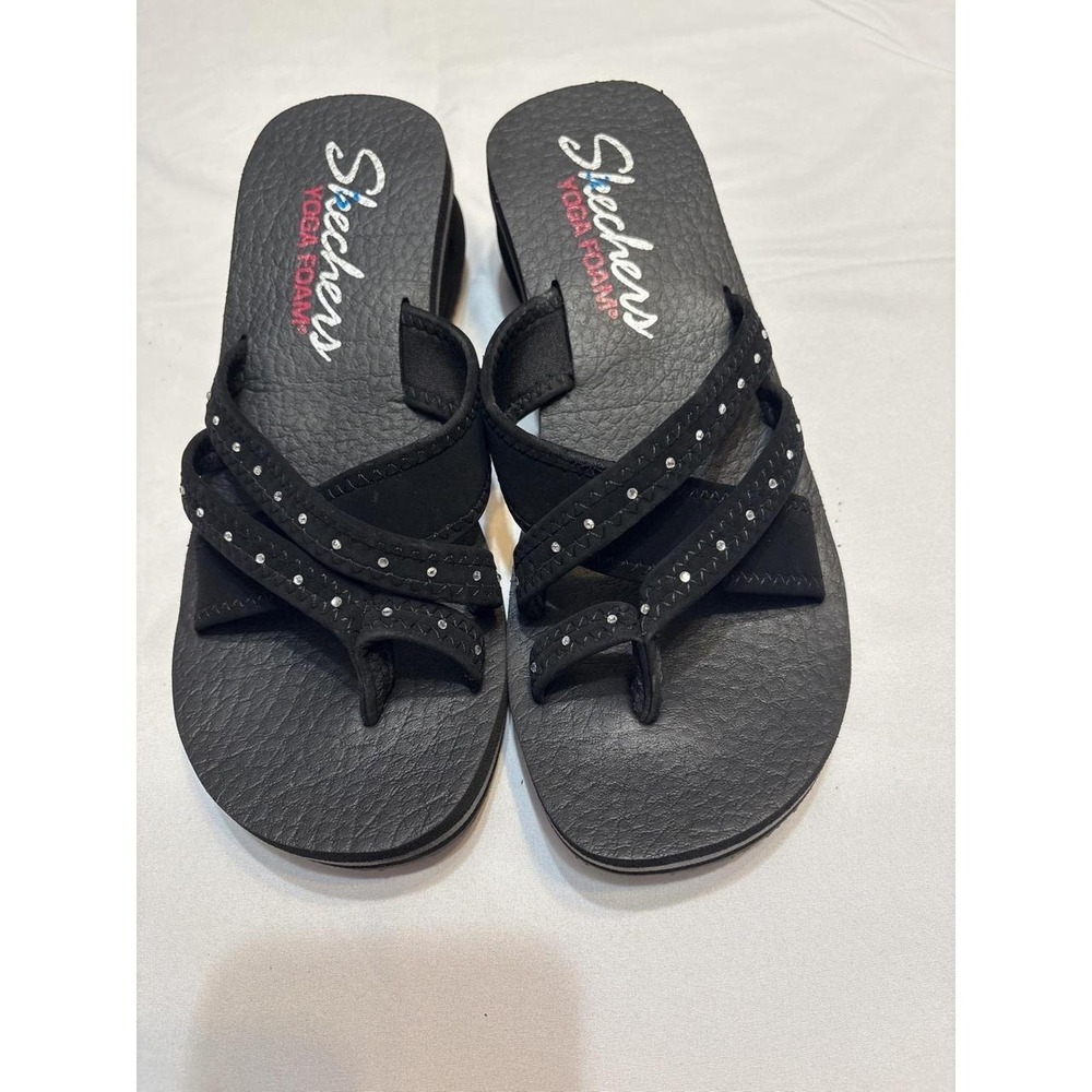 Skechers Yoga Foam Black Rhinestone Wedge Flip Flops Sandals 31744 Womens 8 - Picture 3 of 4